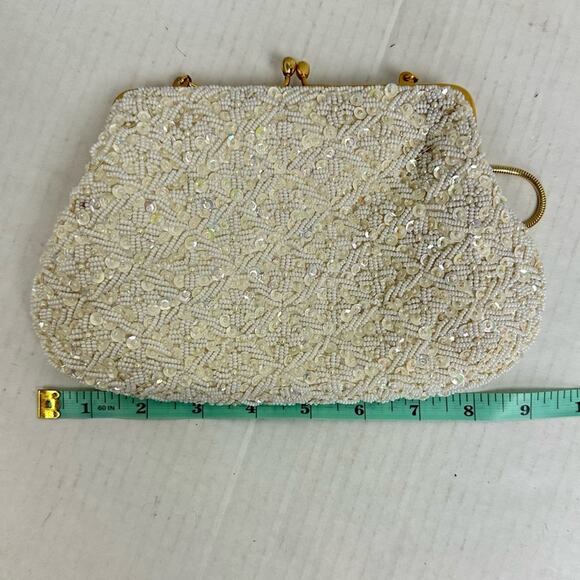 Vintage 60’s Cream Hand Beaded Clutch Purse Evening Bag Bridal Sparkle Hong Kong - Picture 8 of 10